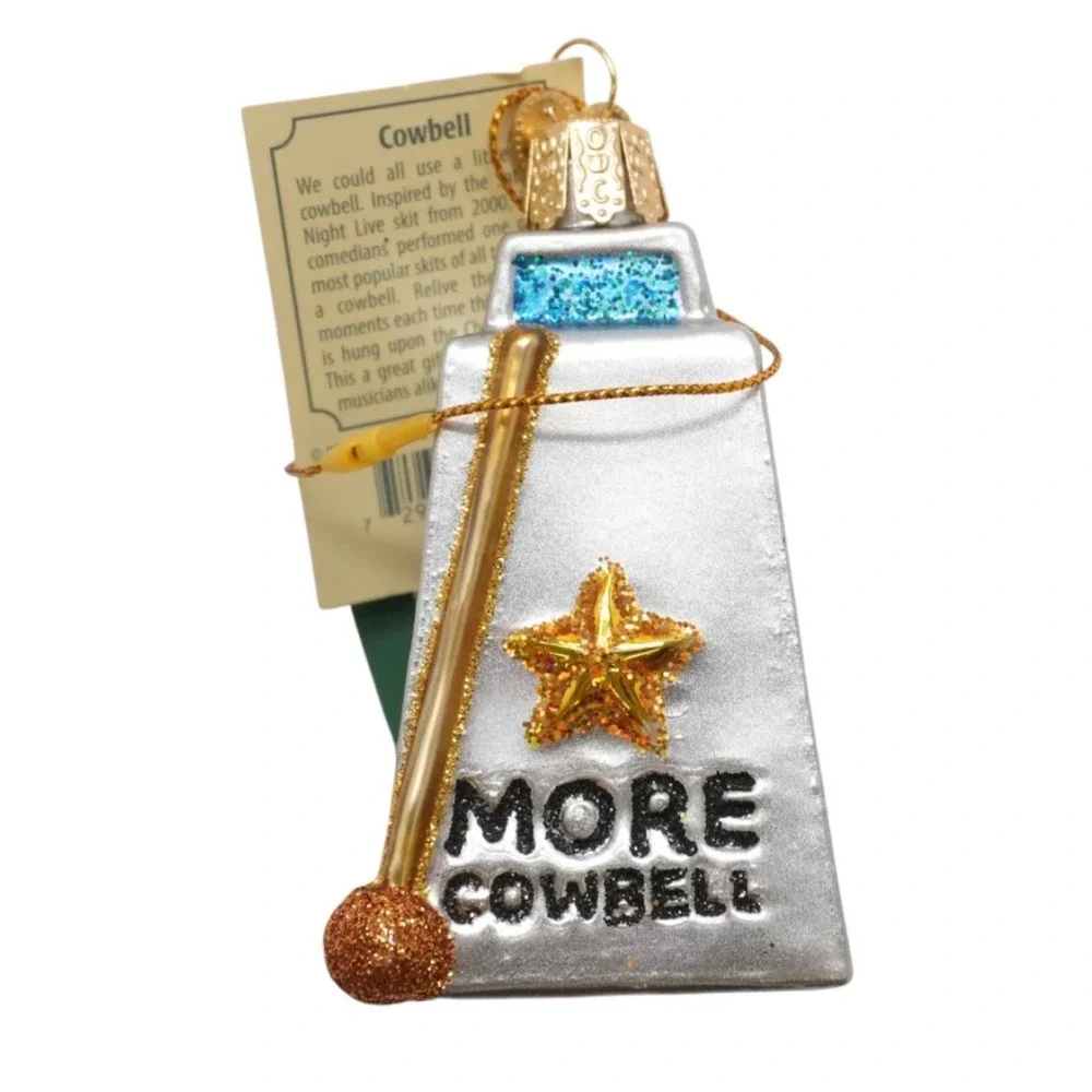 Old World Christmas More Cowbell Ornament Silver Excellent SNL Glass NWT